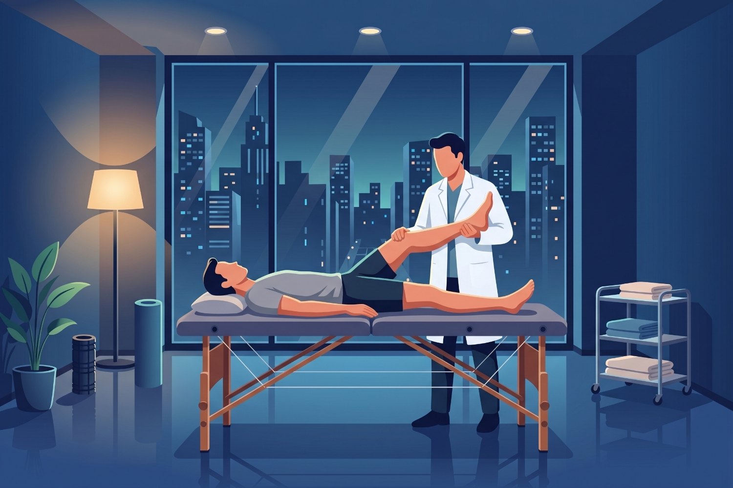 Fisioterapeuta em atendimento presencial, mobilizando o joelho do paciente na maca